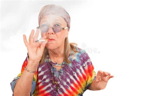 Senior Hippie Lady Smoking Stock Image Image Of Blow 12284773
