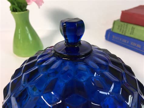 Vintage Cobalt Blue American Block Glass Jar W Lid Fostoria Dark