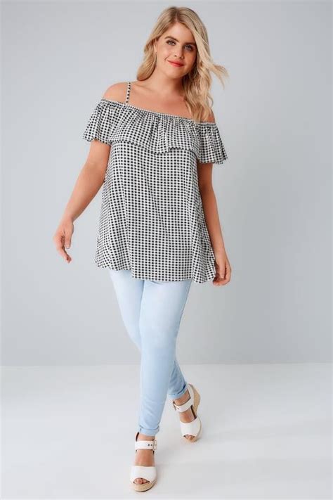 black and white gingham frilled cold shoulder jersey cami top plus size 16 to 36