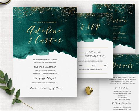 emerald green  gold wedding invitation set modern wedding etsy