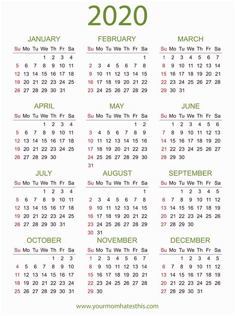 Download 2020 Calendar Free Templates