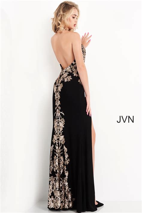 jvn black gold sequin embellished halter neck prom dress