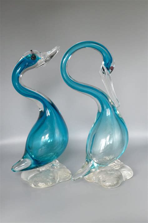 Pair Vintage Murano Glass Birds Blue Clear 9 Murano