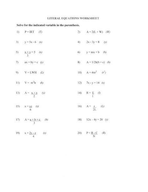 literal equations worksheet solve