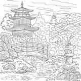 Japonais Adulte Lac Pagode Arbres Pierres sketch template