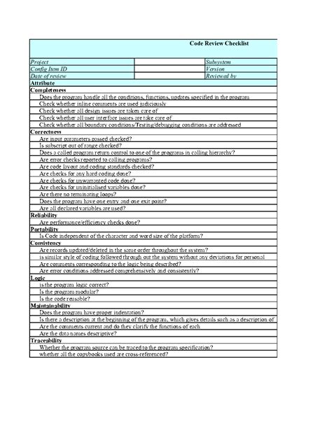 excel template code review checklist excel template xls flevy