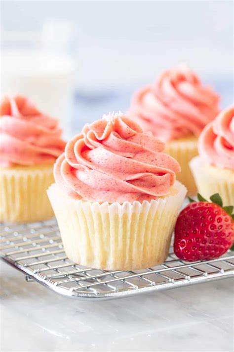vanilla cupcakes  fresh strawberry buttercream   tasty