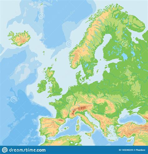 High Detailed Europe Physical Map Stock Vector