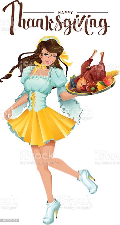 happy thanksgiving day cute girl waiter stock illustration download