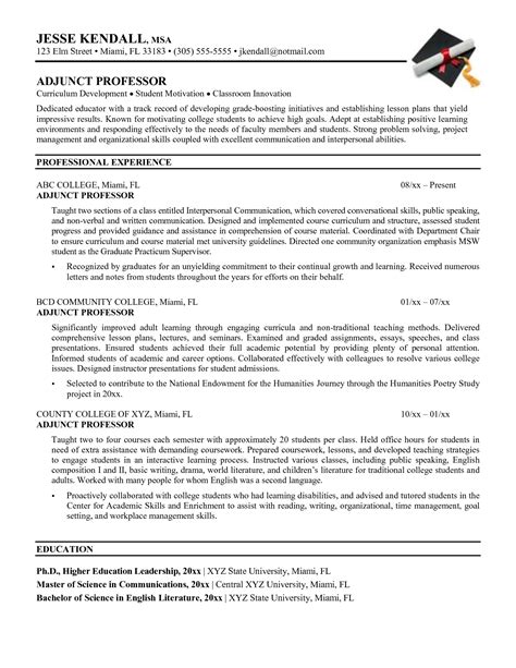 sample resume  faculty position engineering adjunct professor resume