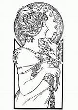 Coloring Nouveau Pages Adult Deco Printable Femme Adults Book Drawing Woman Style Color Mucha Alphonse Beautiful Coloriage Google Drawn Sheets sketch template