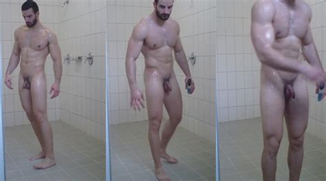 handsome muscle guy spied taking a shower after gym´s workout my own private locker room