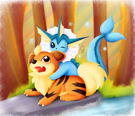 pokemon commission vaporeon and growlithe by exceru on deviantart