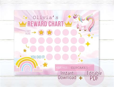 editable unicorn reward chart  kids behavior chart toddler etsy
