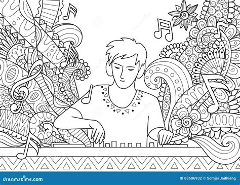 dj playing   art design  adult coloring book page stock