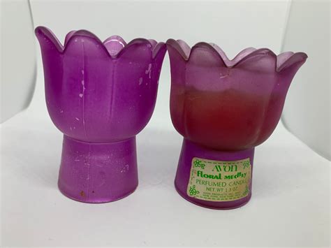 2 Avon Vintage Purple Glass Tealight Candle Holders Floral Medley Ebay