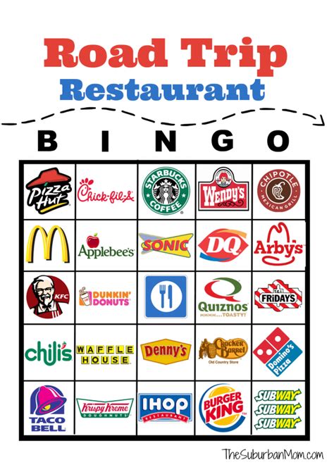 road trip restaurant bingo  printable  suburban mom