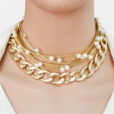 gold color metal chunky chain necklace simulated pearl chokers necklaces  women american