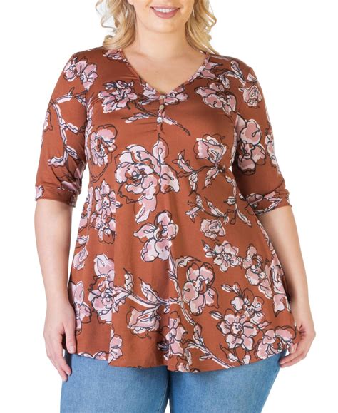 24seven Comfort Apparel Plus Size Henley Tunic Top In Brown And Pink
