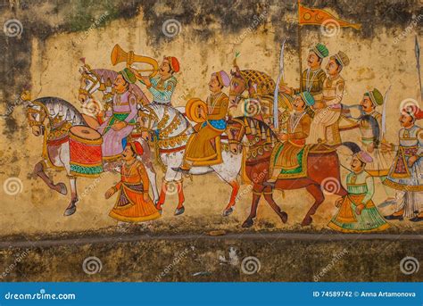 traditional ancient stile indian wall painting    plastered wall  udaipur india stock