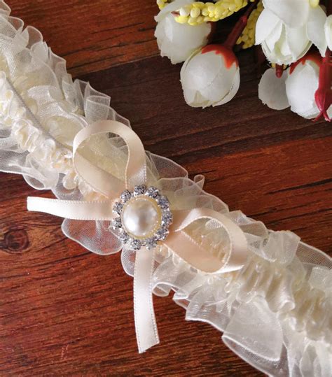 Wedding Vintage Garter Ivory Ribbon Bow With Pearls Bridal Lace Toss