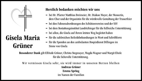 traueranzeigen von gisela maria grüner augsburger allgemeine zeitung