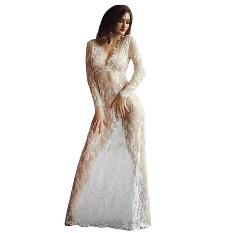 Kenancy Women Sexy Lace Embroidery Maxi White Floor Length Dress Deep V