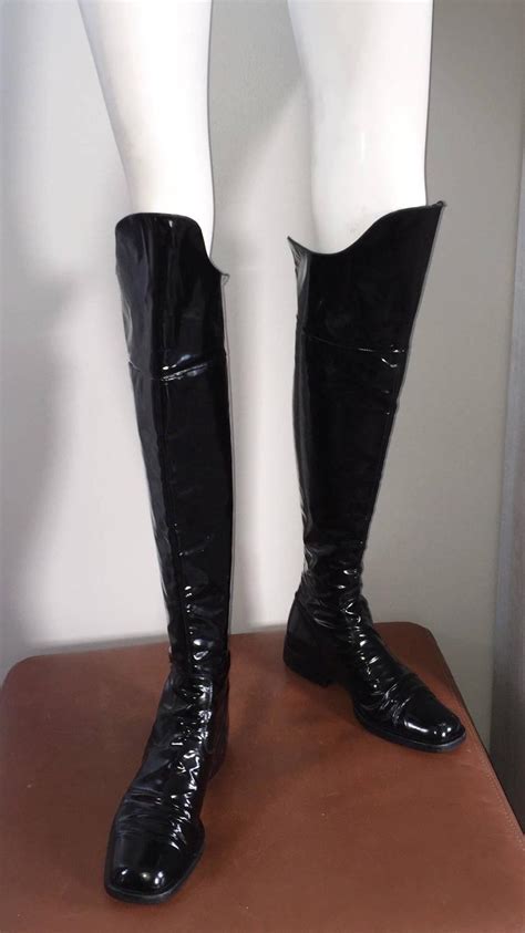 coveted chanel black patent leather   knee riding flat boots size    stdibs