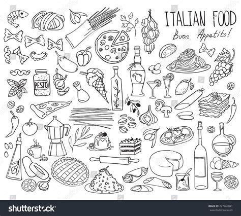 set  doodles hand drawn rough simple italian cuisine food sketches