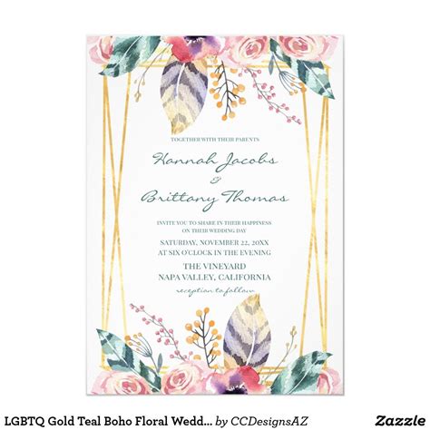 lgbtq gold teal boho floral wedding invitation boho
