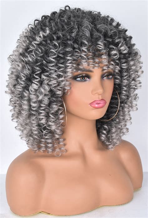 Short Curly Wig With Bnags For Black Women Ombre Grey Kinky Etsy