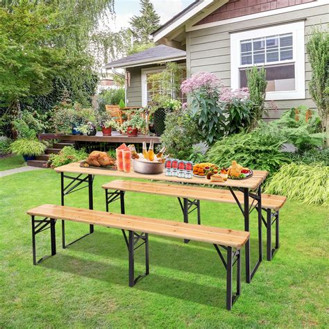 vingli folding picnic tables  benches set weather resistant wooden beer garden table bench