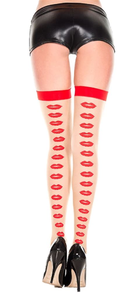 music legs sexy red lips print backseam thigh highs women s hosiery
