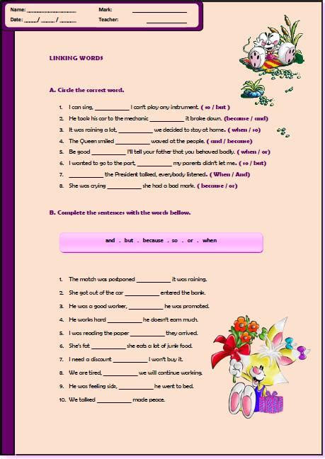 linking words elementary worksheet
