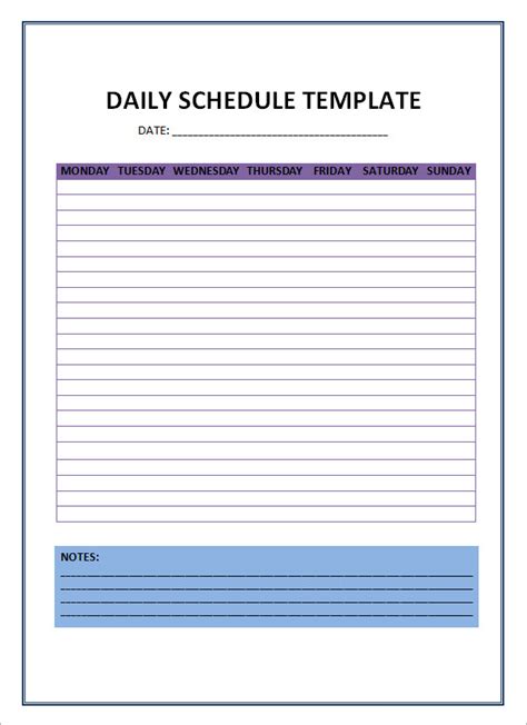 printable daily schedule templates  excel word sample