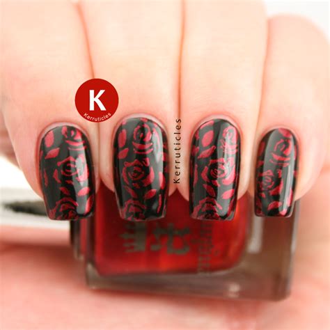 red roses stamped over black nail art by claire kerr nailpolis