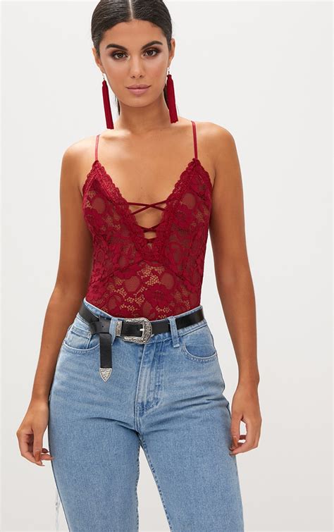 wine lace up front lace bodysuit tops prettylittlething aus