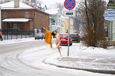 russian brunette exhibitionist walks naked at public street at winter russian sexy girls