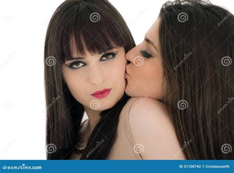One Young Casual Woman Kiss In Cheek Another Girl Isolated On O Stock
