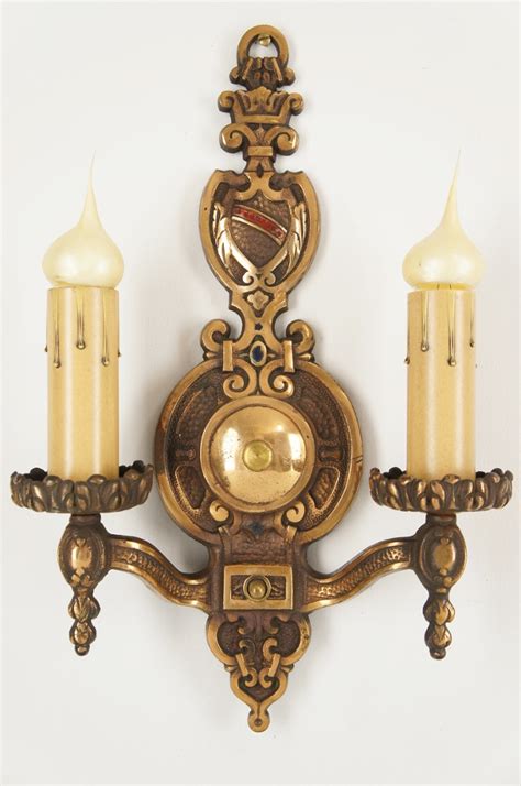 Vintage Cast Brass 2 Candle Tudor Style Wall Sconce Circa