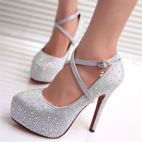 2017 women high heels prom wedding shoes lady crystal platforms silver