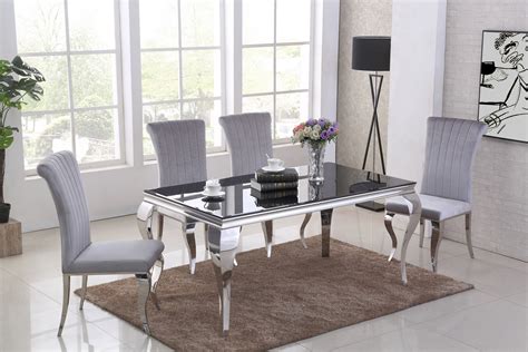 cm black glass dining table  grey velvet chairs homegenies