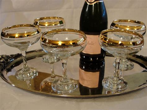 5 Vintage Gold Rimmed Champagne Coupe Glasses Set Of 5