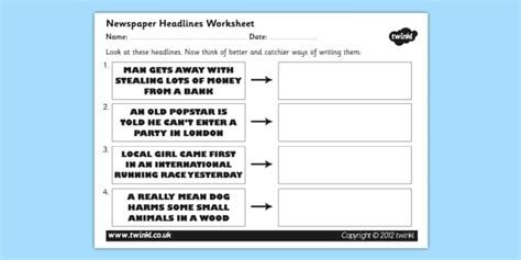 newspaper headline writing worksheet ks english