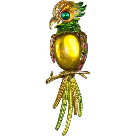 vintage signed art parrot brooch pin  gold cabochon belly enamel  vermeercollectibles