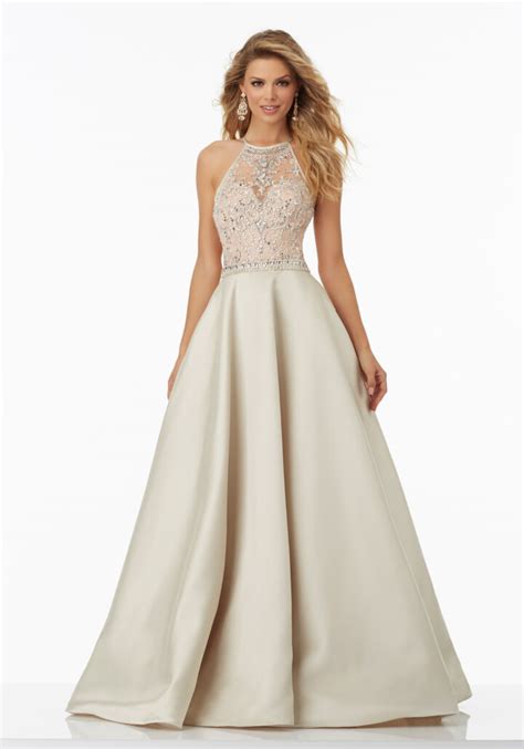 satin prom gown with beaded net illusion bodice morilee
