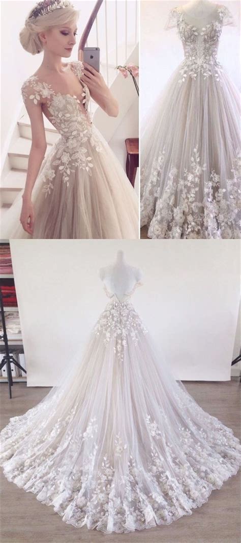 elegant illusion tulle bridal dress with lace appliques