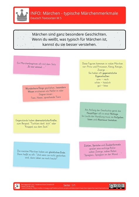 arbeitsblatt maerchen typische maerchenmerkmale deutsch textsorten mnwegorg