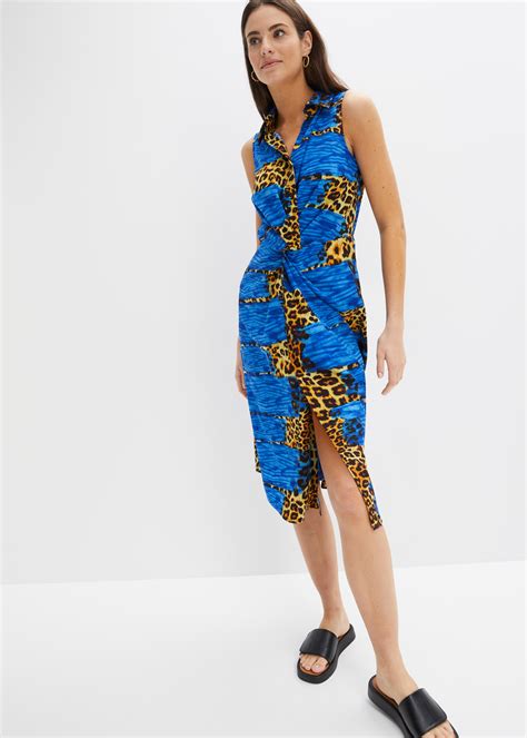 trendy overhemdjurk met een mooi knoopdetail blauw luipaardprint