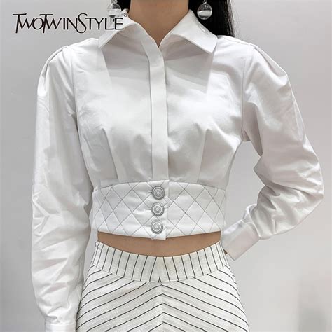 Twotwinstyle Womens Shirts Blouse Lapel Collar Long Sleeve Patchwork